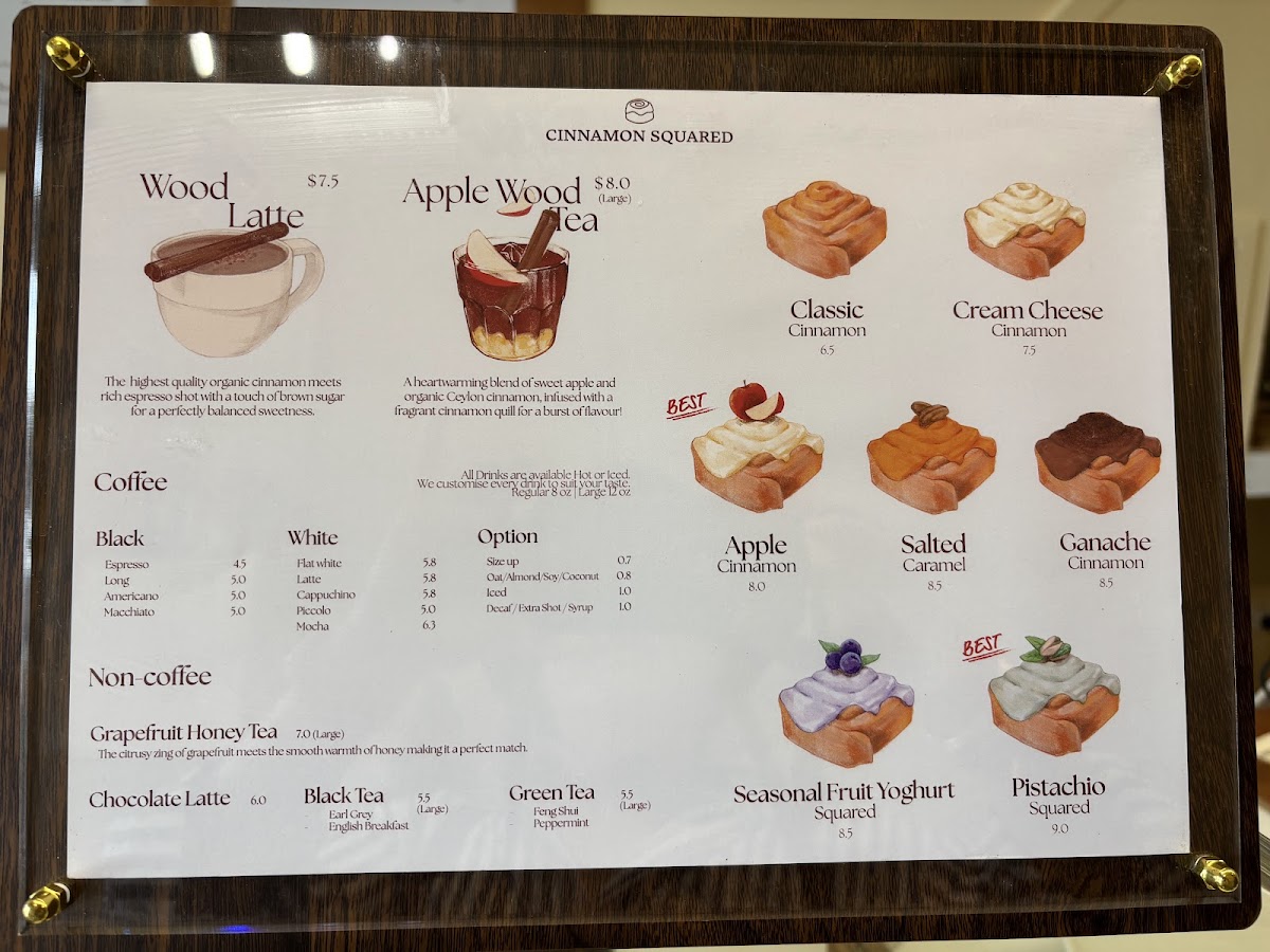 Illustrated Cinnamon Squared menu featuring the Wood Latte